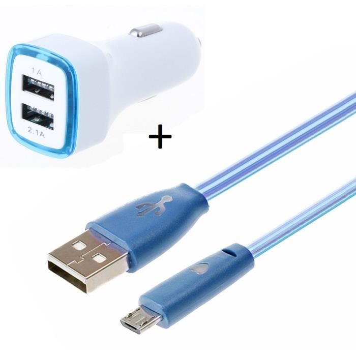 Pack Chargeur Voiture pour IPHONE 12 Mini Lightning (Cable Smiley +  Double Adaptateur LED Allume Cigare) (BLEU)