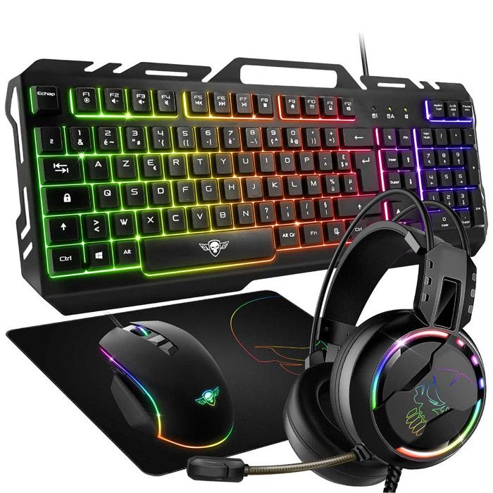 SPIRIT OF GAMER – PRO-MKH5 Pack Gaming 4 En 1 – Clavier RGB Anti-Ghosting / Souris 7 Boutons RGB 6400 DPI / Casque RGB / Tapis inc