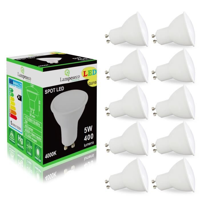 Pack de 10 Ampoules Led GU10 5W Blanc Neutre 4000K eq. 50W Halogène 120°