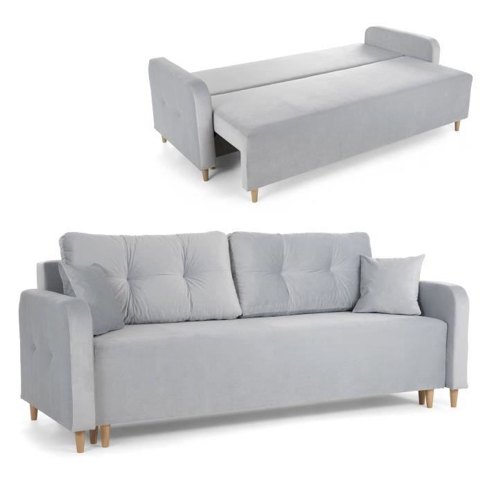 Canapé convertible avec coffre de rangement en tissu velours gris azur ...