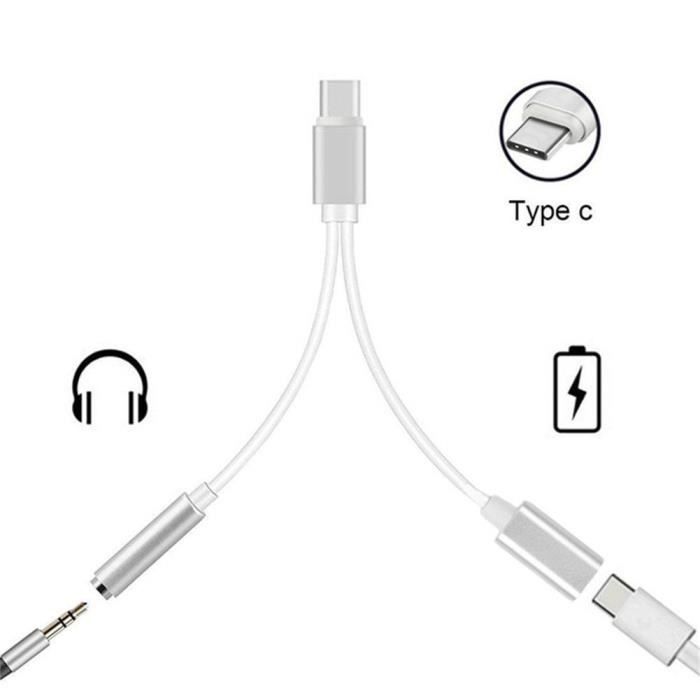 Cable Double Adaptateur Type C prise jack 3.5mm chargeur USB-C