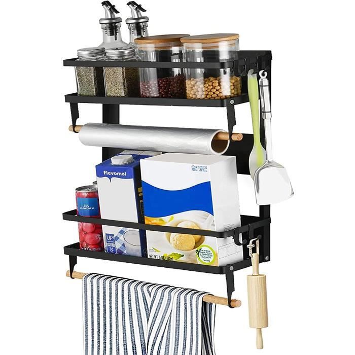 Étagère à épices Magnétique Pour Réfrigérateur Avec 8 Crochets Pour Un Accès Facile Dans La Cuisine (noir Avec Crochet De 40 Cm