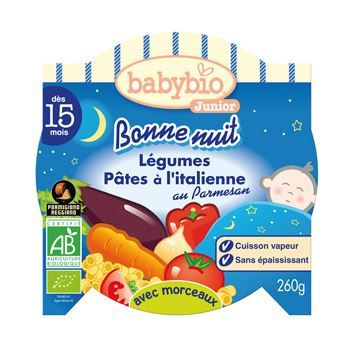 Babybio - Assiette Bonne Nuit Aubergine Macaroni Origan - Bio - 260g - Dès 15 mois