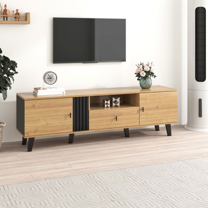 Meuble TV Moderne - NALOOKAMIC - Buffet bas 2 Portes 1 tiroir - Bois - MEUBLE HI-FI-Armoire de Salon - Noir/Bois- 170x40x50cm
