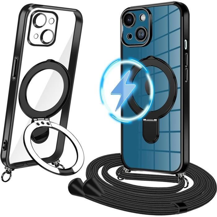 Coque IPhone 15 Avec Collier Cordon Transparent Silicone - Housse Protectrice Avec Chaîne Lanière Noir Métal Pour IPhone 15 6.1 Pouces