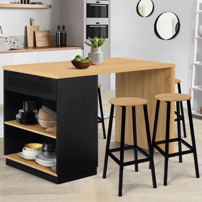 IDMARKET Ilot central mange-debout 4 personnes VITO 130 cm noir et plateau bois