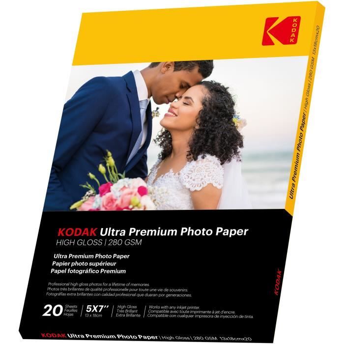 KODAK 9891175 - 20 feuilles de papier photo 280g/m², brillant, Format 13x18 cm, Impression Jet d'encre