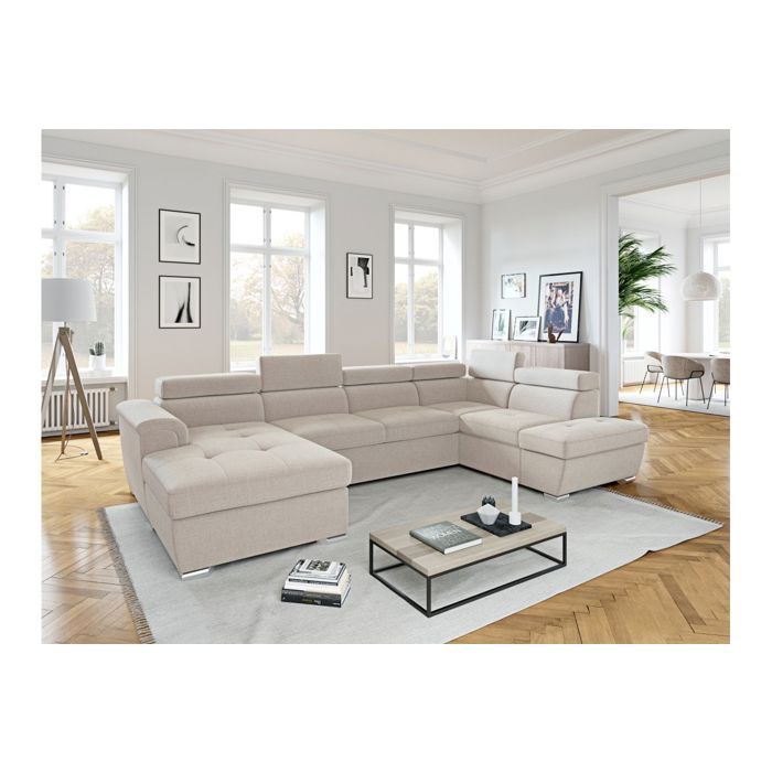 Canapé panoramique convertible avec 2 coffres PAOLA en tissu - Beige - L320 5 x P188 x H76cm - LOUNGITUDE Canapé panoramique convertible avec 2 coffres PAOLA en tissu - Beige - L320 5 x P188 x H76cm - LOUNGITUDE