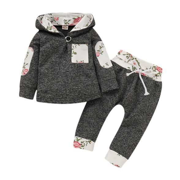 Hoodies 2 Pièces Ensemble pour Bébé Fille Pantalons à Capuche Floral avec des Pantalons Rayés Bébé Automne Tenue Vêtements Sweat-Shirt Style