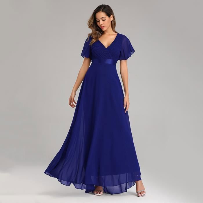 Robe de soirée Femme Longue Col en V mousseline de soie bleu