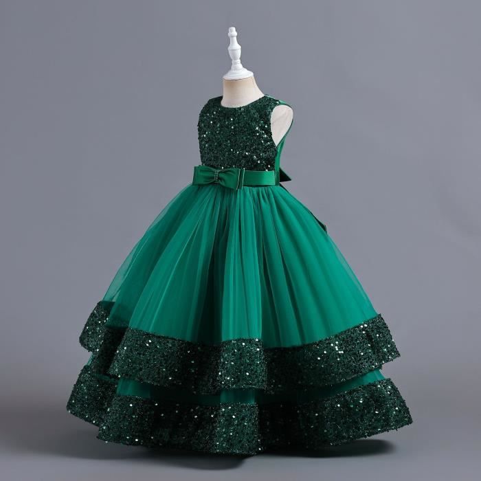 Robe Princesse Fille de Ceremonie Paillettes Sans Manches Mariage Avec Ceinture Noeud Papillon Vert Cdiscount Pret a Porter