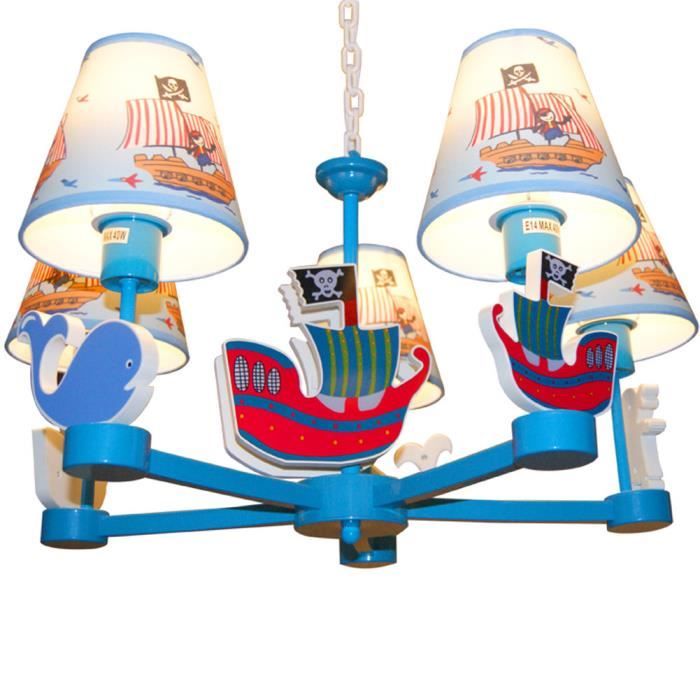 Suspension Plafonnier Enfant 5 Tetes Lustre Abat Jour En Tissu Decore Des Bateau Pirate Pour Chambre Bebe Fille Garcon E14 5 Cdiscount Maison