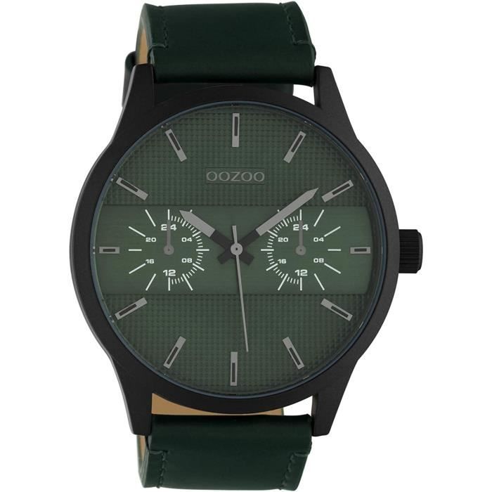 oozoo c10537 chrono look montre pour homme avec bracelet en cuir noir/vert 48 mm