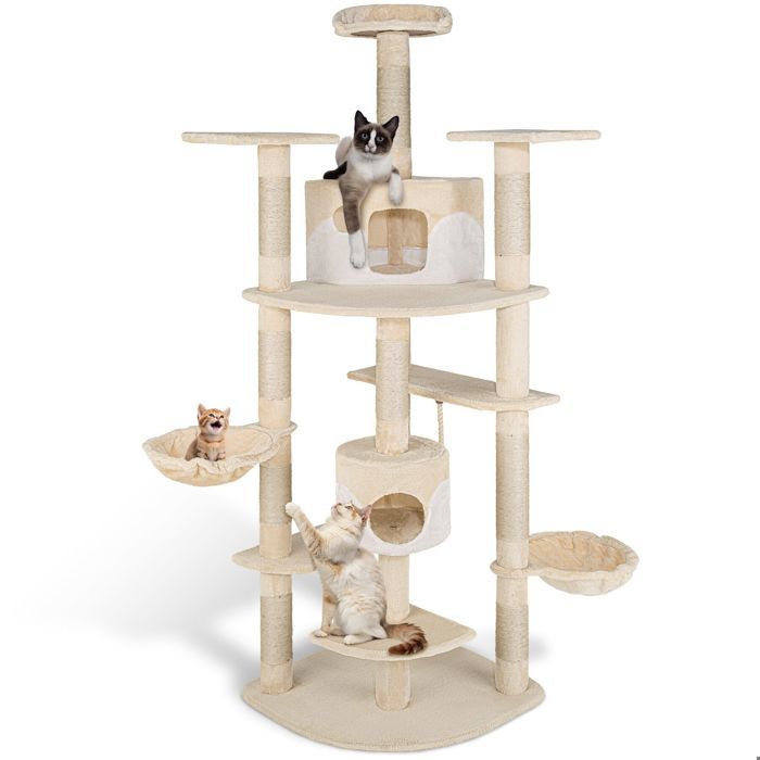 Arbre à chat - TECTAKE - Arbre à chat FIPPI avec griffoir hamacs et corde de jeu 68 x 201 x 103-140 cm - Blanc/Beige