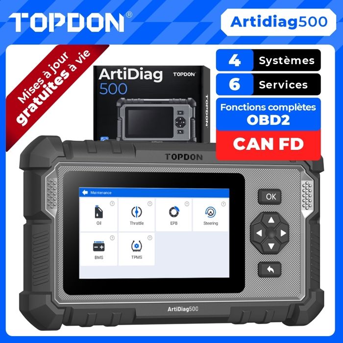 TOPDON AD500-FR Outil de Diagnostic OBD2 Scanner Moteur/Transmission/ABS/Airbag Valise Diagnostique pour Huile/SAS/BMS/ETC/Frein