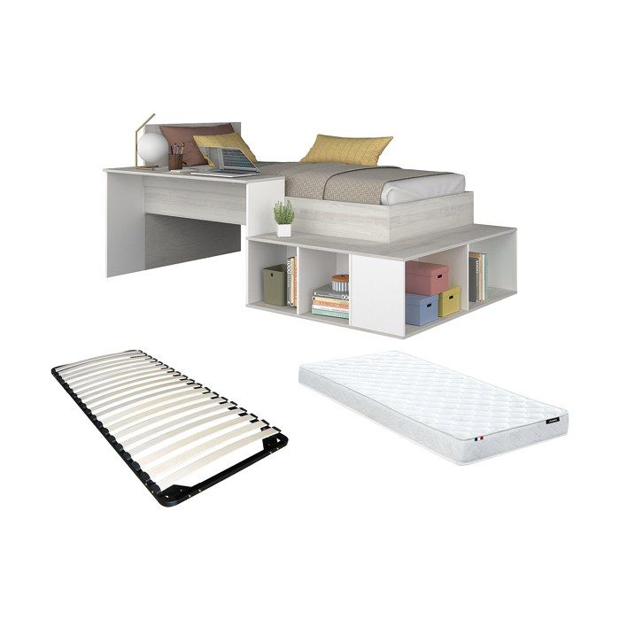 Lit combiné 90 x 200 cm avec rangements et bureau - Coloris : Naturel et blanc + Sommier + Matelas - RIGALI Lit combiné 90 x 200 cm avec rangements et bureau - Coloris : Naturel et blanc + Sommier + Matelas - RIGALI