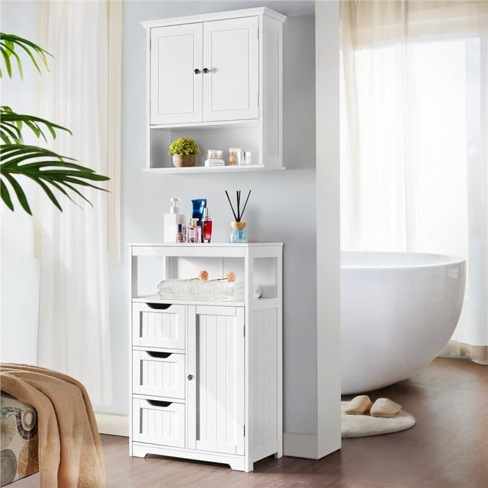 yaheetech meuble/commode de salle de bain en bois, 55,5 x 29,5 x 86,5 cm- 3 tiroirs, 1 placard, 1 compartiment ouvert- sdb salon