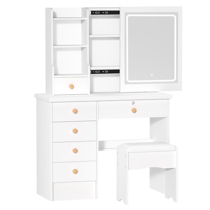 LIANWANG Coiffeuse, Table de Maquillage avec Miroir et LED à Luminosité Réglable, 3 Températures de Couleur, 6 Tiroirs, 1 Tabouret, Moderne, Blanc, 3056D719, 131x36x80 cm