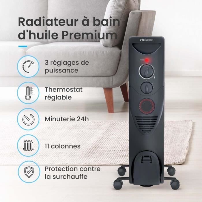 Pro Breeze Radiateur à bain d'huile 2500 W, 11 colonnes, Minuterie, 3  réglages de chaleur, Thermostat - Noir - Cdiscount Bricolage