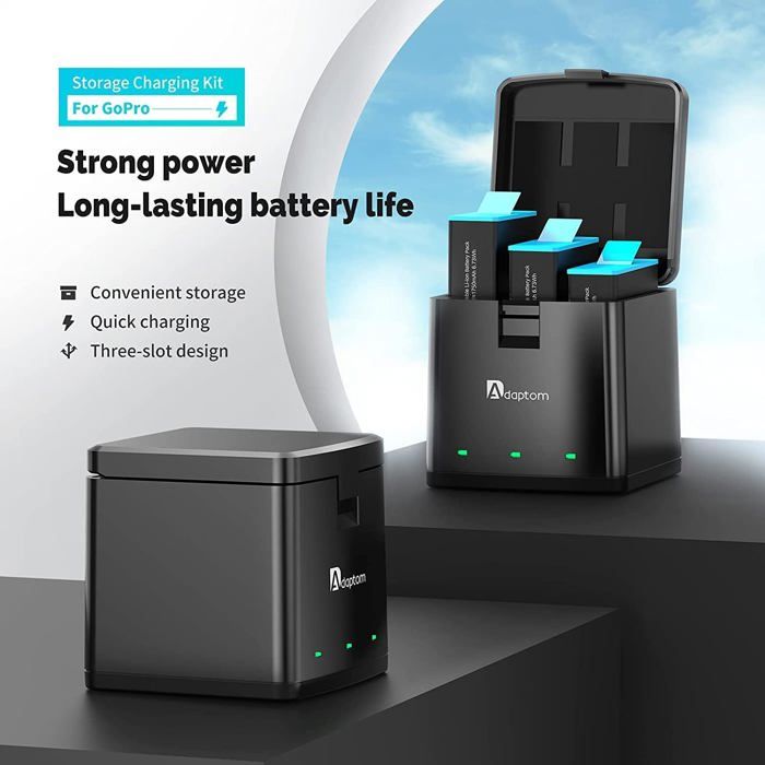 TELESIN Chargeur Triple et boîte de Stockage de Batterie avec