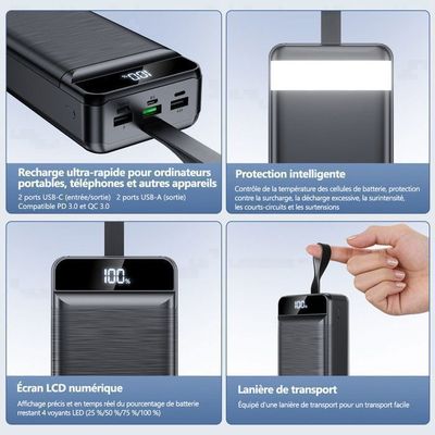 WEENCOO Power Bank Solaire 20000mAh - Chargeur Portable Étanche Avec Panneau Solaire Et Lampes LED