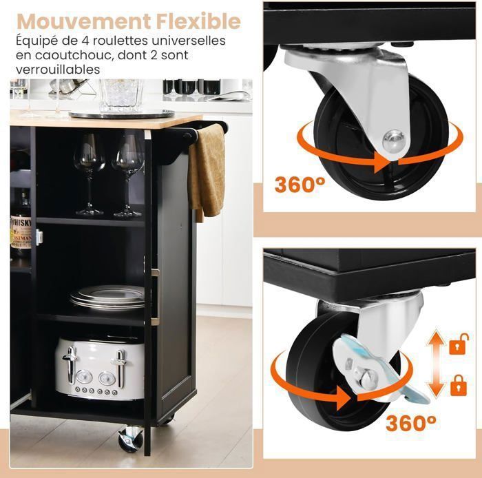 Desserte De Cuisine Roulante - 130x74x90cm - Plateau Pliable - Noir - 175kg Charge