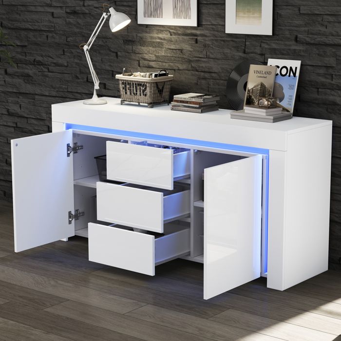 Buffet Salon 140x40x65cm Blanc Laqué - 2 Portes, 3 Tiroirs, étagères Réglables, éclairage LED Intégré, Meuble Rangement Moderne