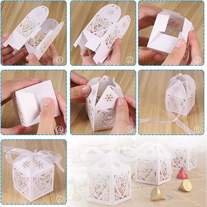 50 Pièces Boîtes Cadeaux Mariage Blanches - Boîtes à Dragées Bonbons Avec Motifs Cœurs Et Fleurs