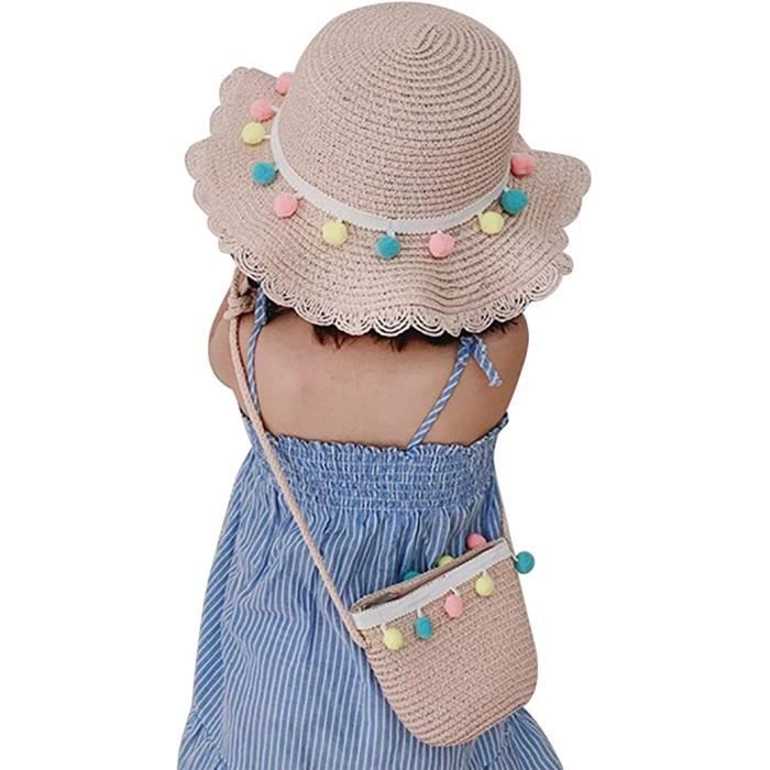 Chapeau De Paille Fille Avec Sac FT-SHOP - Ensemble Plage Été - Décorations Florales - Taille 3-7 Ans