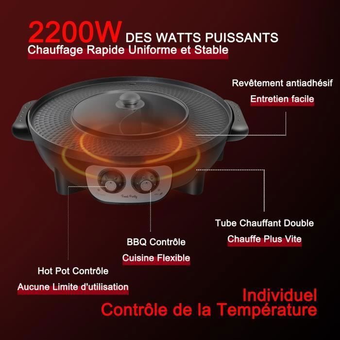 Appareil Fondue Chinoise Et BBQ Électrique 2 En 1 - 2200W - Sans Fumée - Pour 2 à 8 Personnes - Idéal Pour Hotpot Et Barbecue En Intérieur - 4