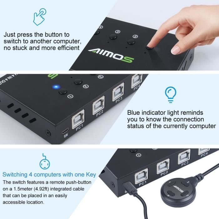 AIMOS USB 2.0 Switch, 4 Entrées 4 Sorties USB Commutateur pour 4