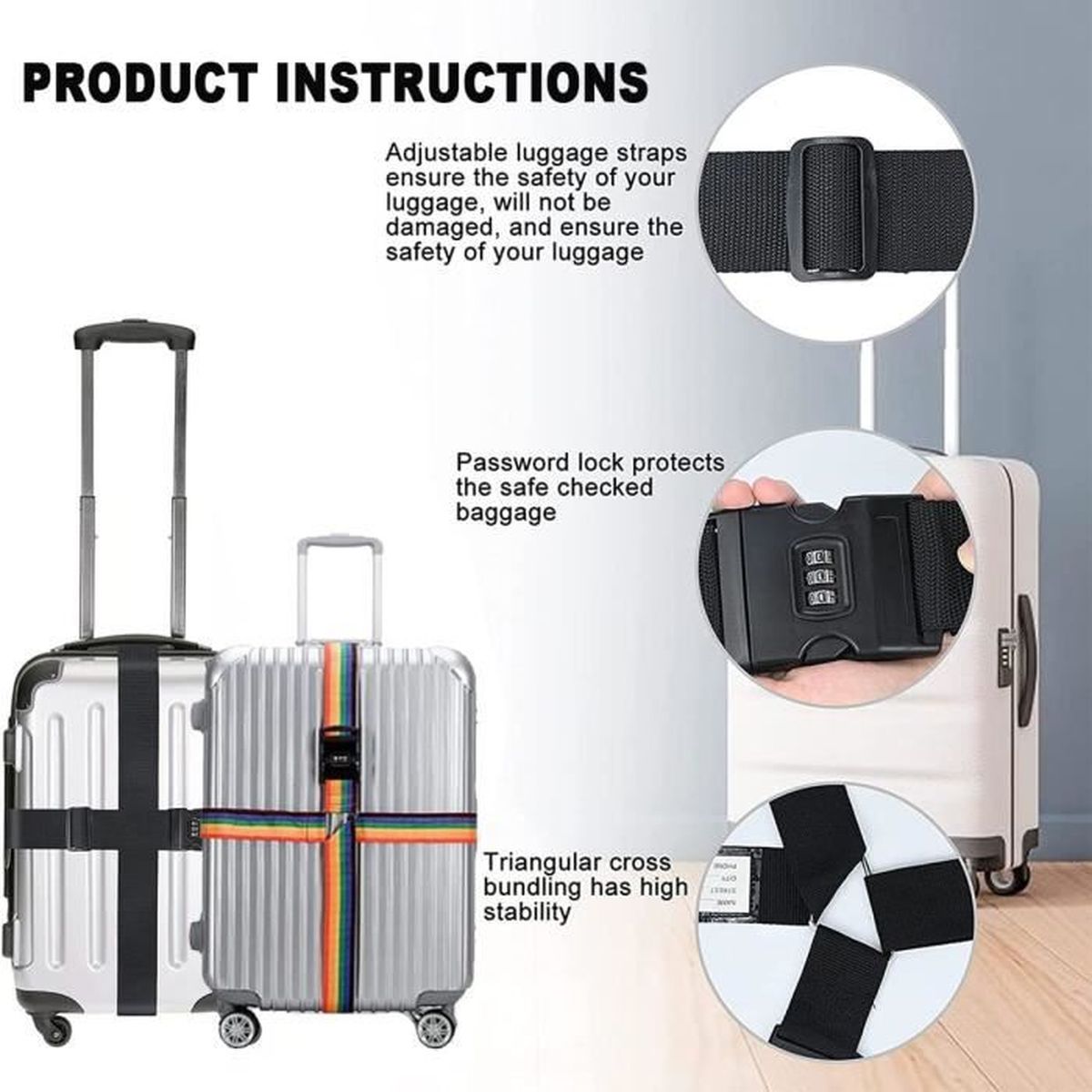 Sangle de Bagage Sangles de Transport Suitcase Accessoires Valise de Voyage Bundling Bagages réglables 2-Pack 