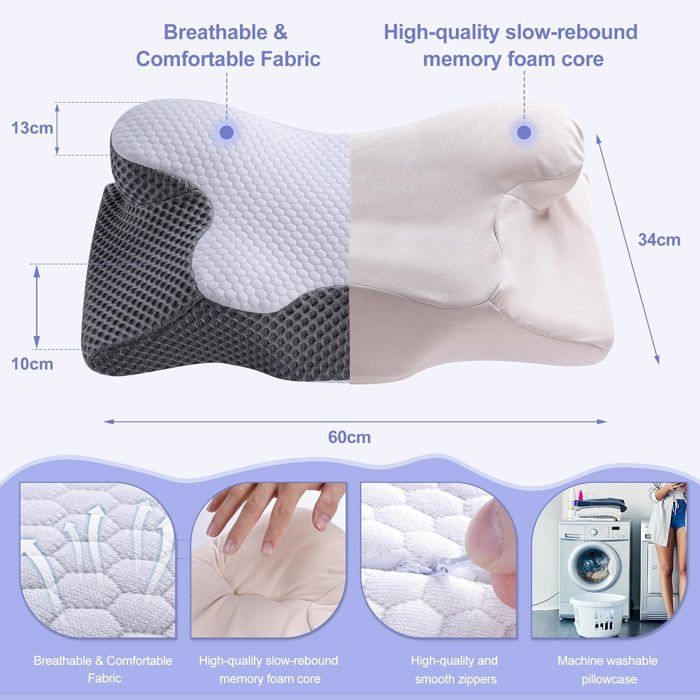 Oreiller Cervical Restnature Mémoire De Forme 2 En 1 - Ergonomique Pour Dormeurs Côté/dos - Gris 60x42cm