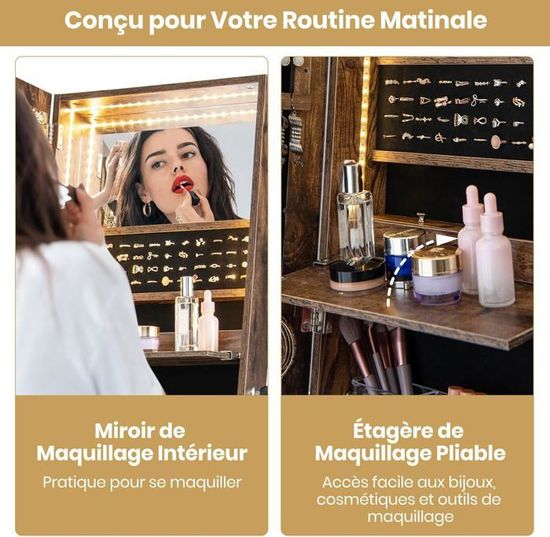 Armoire à Bijoux Verrouillable GOPLUS 120cm Miroir Pleine Longueur LED - Meuble Maquillage Blanc