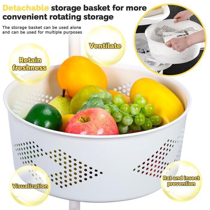 Chariot De Rangement Rotatif Cuisine 5 étages - 29x29x90 Cm - Roulettes 360°, Structure Acier - Pour Fruits, Légumes, Bric-à-brac