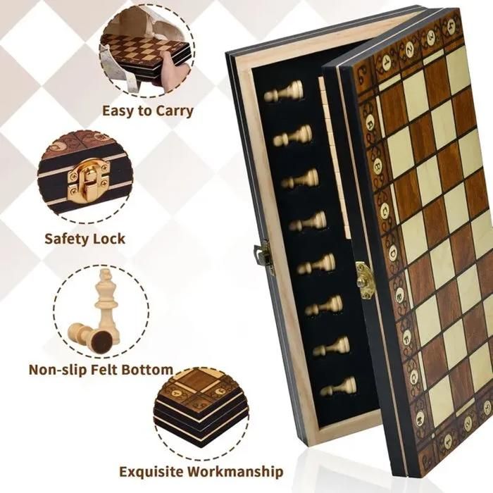 Jeu D'échecs 2 En 1 Magnétique En Bois Pliable - Damier Et échecs, Rangement Intégré, Voyage, 39x39 Cm