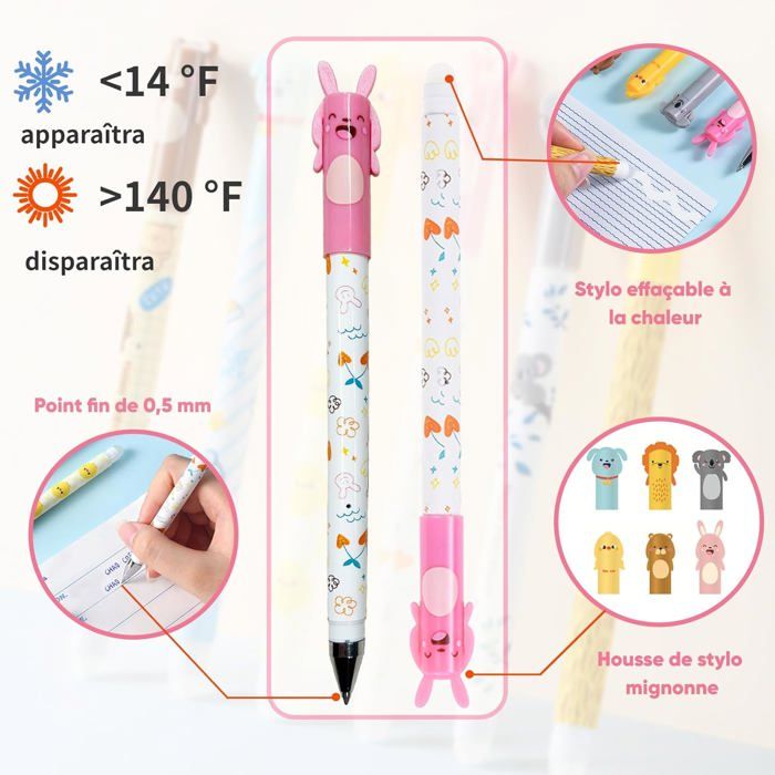12 Stylos Effaçables 0,5 Mm - 6 Noirs, 6 Bleus - Avec Gomme, Motifs Animaux - Pour école, Bureau, Cadeau - 9