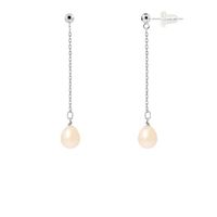 PERLINEA - Boucles d'Oreilles - Véritables Perles de Culture d'Eau Douce Poires 7-8 mm Rose Naturel - Or Blanc - Bijoux Femme