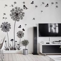 Sticker Mural Fleur de Pissenlit Noir (165x130cm) I Papillon Plante Branche Arbre I Sticker Mural Autocollant Salon Chambre Cuisine