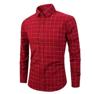 CHEMISE - CHEMISETTE Chemise homme de Marque luxe Chemise à carreaux frais à manches longues Coupe slim Sauvage polo Vêtement Masculin-Rouge