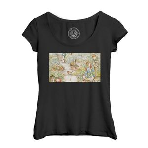 T-SHIRT T-shirt Femme Col Echancré Noir Petter Rabbit Pierre Lapin Jardin Illustration Enfant Beatrice Potter