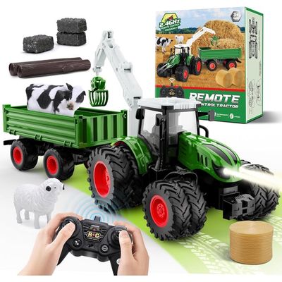 Tracteur Moissonneuse Télécommandée 1:24 Avec 2 Têtes De Coupe, Lumières, Sons Et Fumée – Cadeau Enfant 3-8 Ans