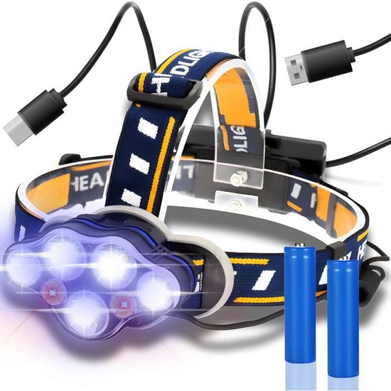 Lampe Frontale,LED Rechargeable USB,Torches Frontale Puissante 3000 Lumens,Réglable 3 Modes IPX5