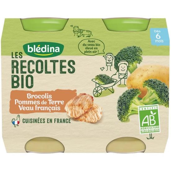 Blédina Les Récoltes Bio, Petits pots pour bébé bio dès 6 Mois, Brocoli Pommes de Terre Veau, 2x200g