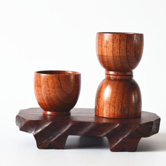 Lot De 2 Verres à Saké En Bois Style Japonais - 150 Ml Avec Soucoupes - Bois Zaomu Verni Naturel