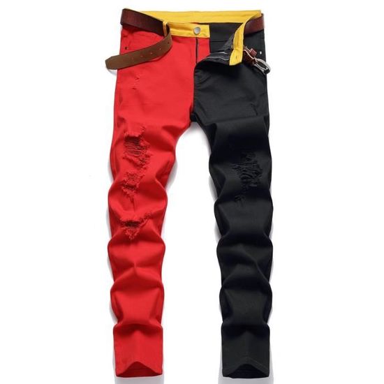 Jean Homme Dechiré Slim 5 Poches Stretch Couleur Contraste Effet Délavé