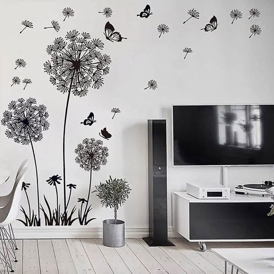 Stickers Muraux Pissenlit Noir - Autocollants Fleurs Volantes Décoration Salon Chambre 105x62cm