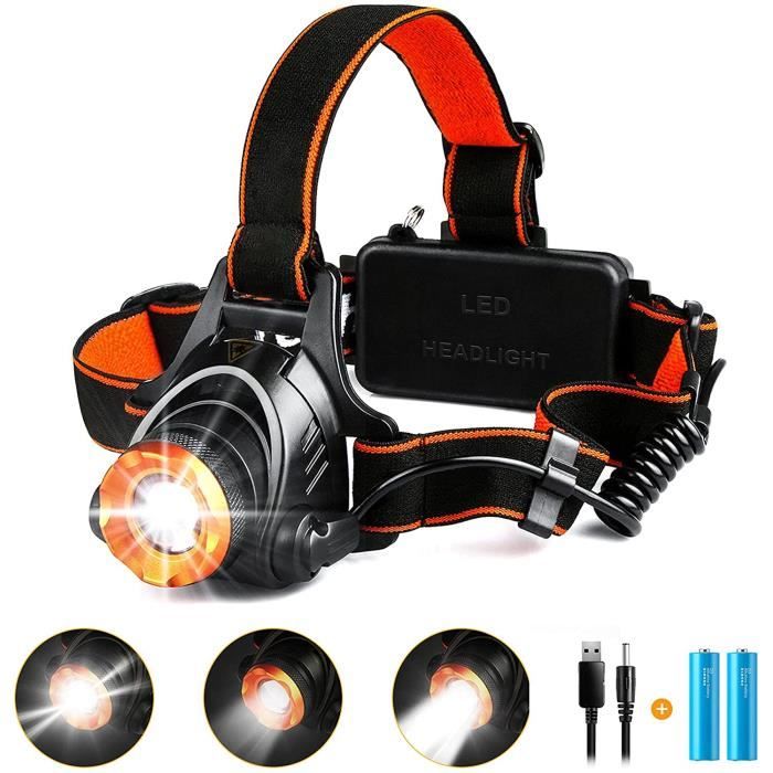 Lampe Frontale Puissante, Torche Frontale LED USB Rechargeable et Zoomable avec CREE XML-T6 1000 Lumens et Batterie 4400mAh, 3 Mode