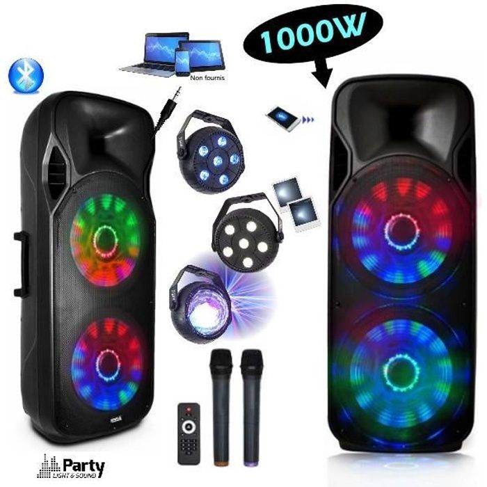 ENCEINTE SONO 1000W BLUETOOTH USB MP3 BATTERIE + 3 Jeux de lumière + 2 Micros sans fil idéal bar club soirée disco mariage