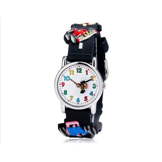 Zeiger Montre garçon Bracelet noir en nylon Impression de voiture de course coloré 3D Chiffres arabes colorés